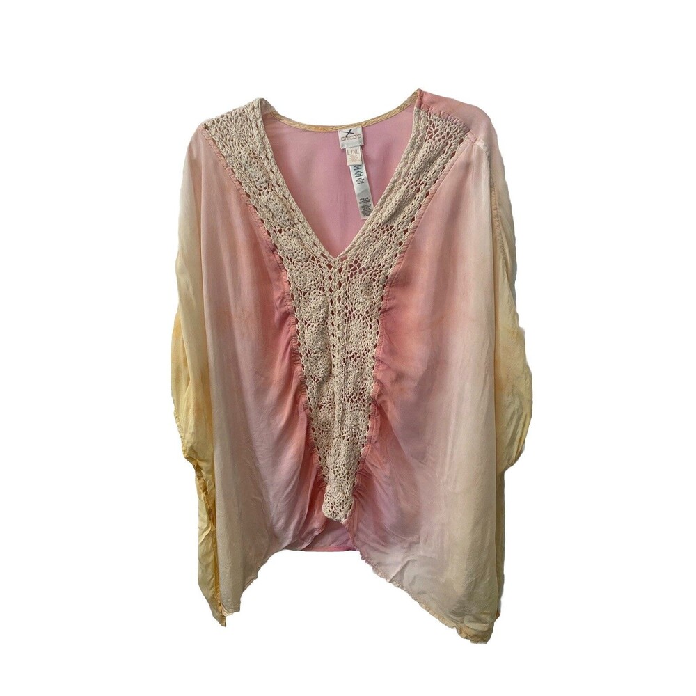 Chico's Women’s L/XL Boho Lace V-Neck Kimono Top Powder Yellow and Pink Cover-up